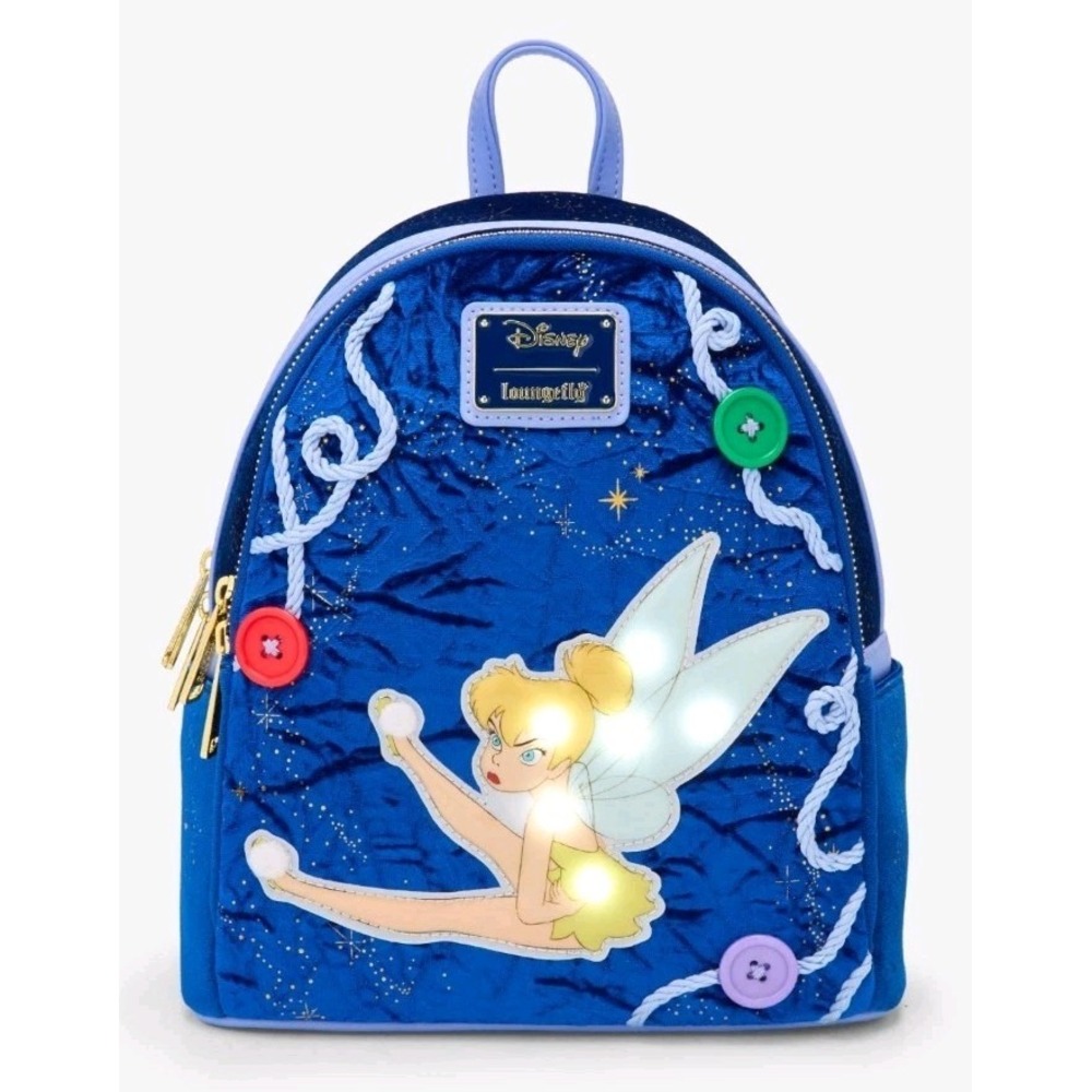 NWT Loungefly Disney Peter Pan‎ Tinker Bell Buttons Velvet Light-Up Backpack